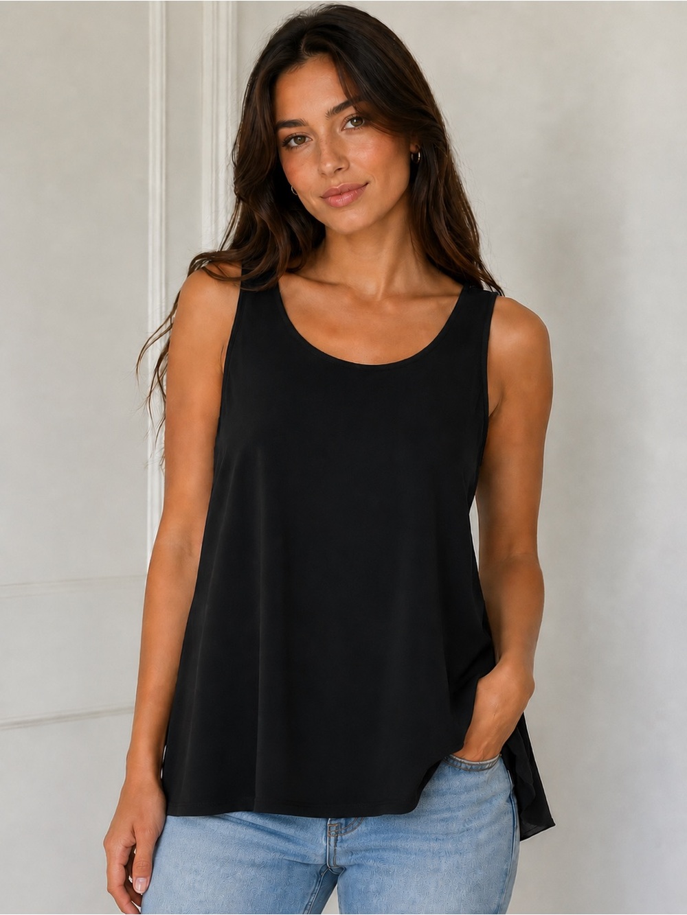 Eileen Fisher Black 100% Silk Sleeveless Tank Tunic Top Large Relaxed Fit Summer